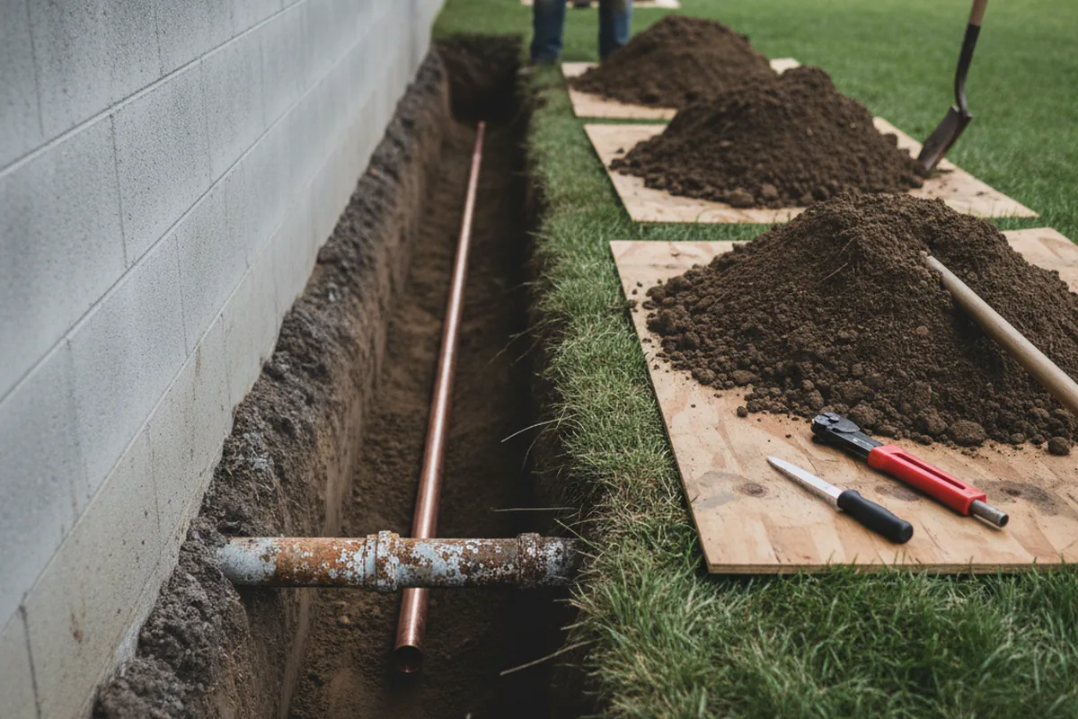 Excavated water line trench during Water Heater Repair in Dillard
